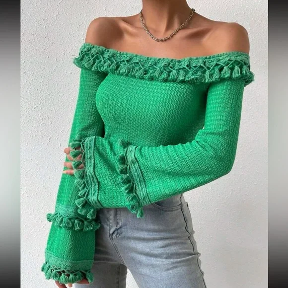 Boho Off Shoulder Flare Long Sleeve Fringe Tassel Cropped Top Blouse Shirt - Picture 7 of 7